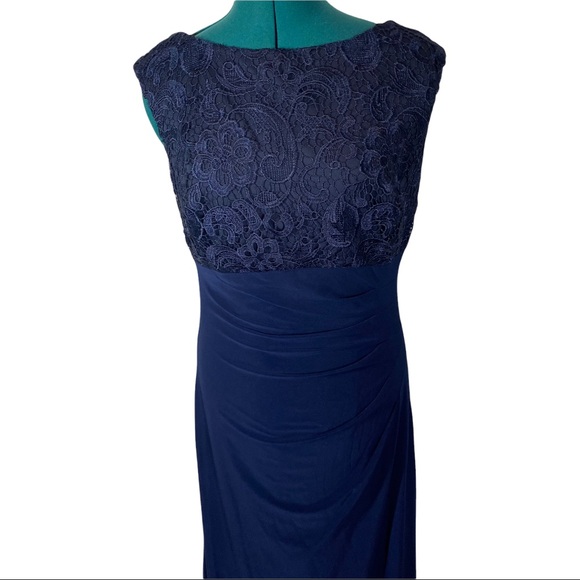 Alex Evenings Soutache Floral Lace Boat Neck Cowl Back Cap Sleeve Ruched Gown - Picture 3 of 10